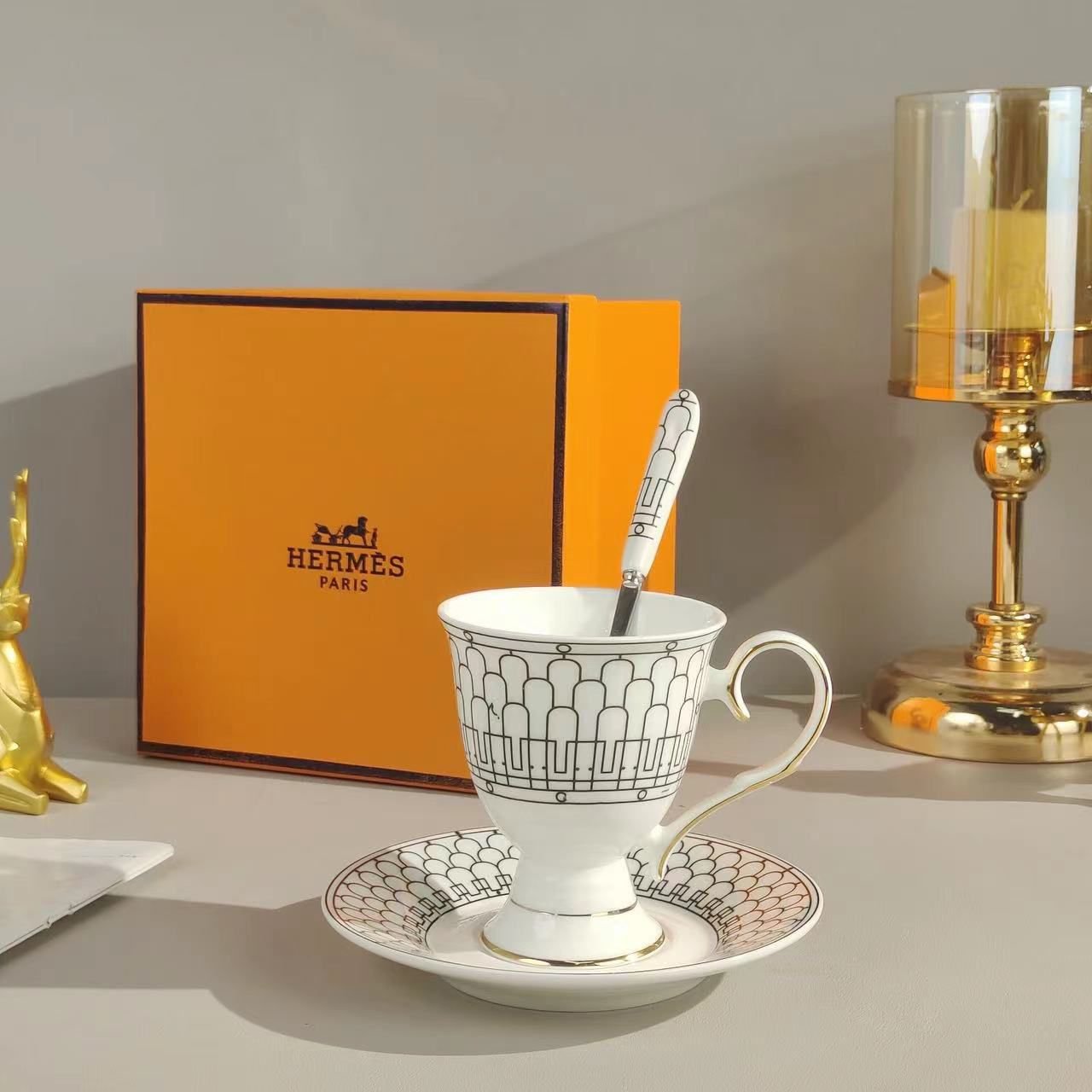 Hermes Bone China Coffee High foot Trophy 3-piece set vintage - Image 3 of 6